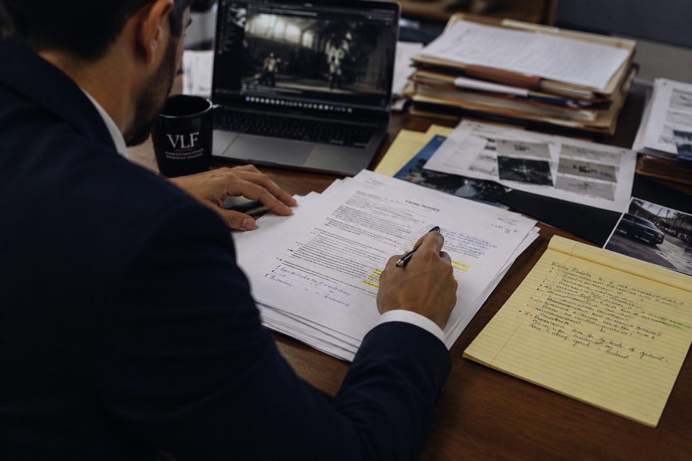 Attorney reviewing a crime report and case evidence at his desk
