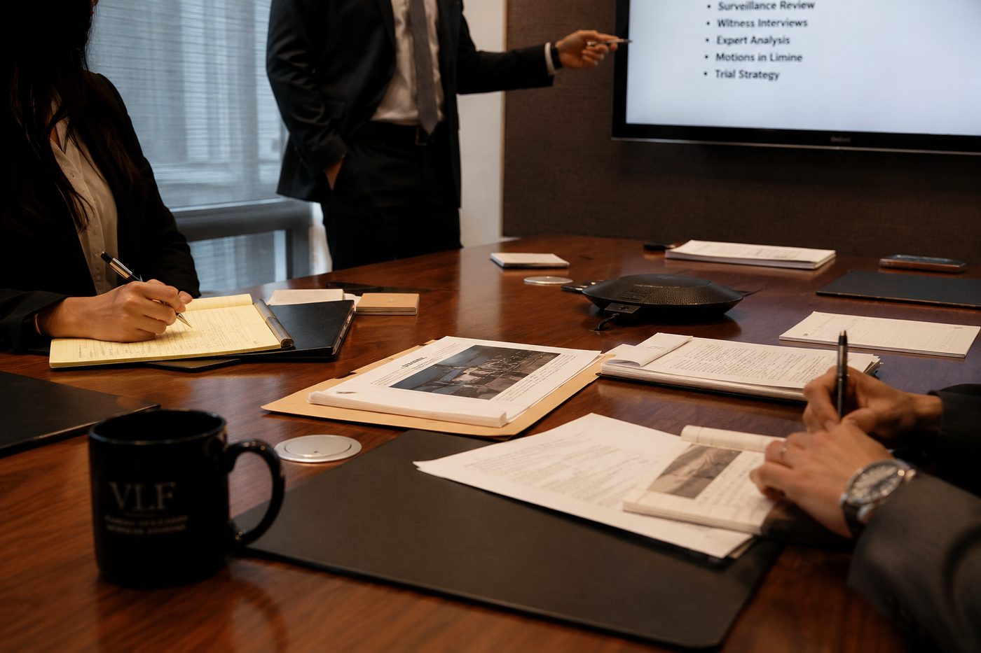 Legal team reviewing trial strategy in a conference room