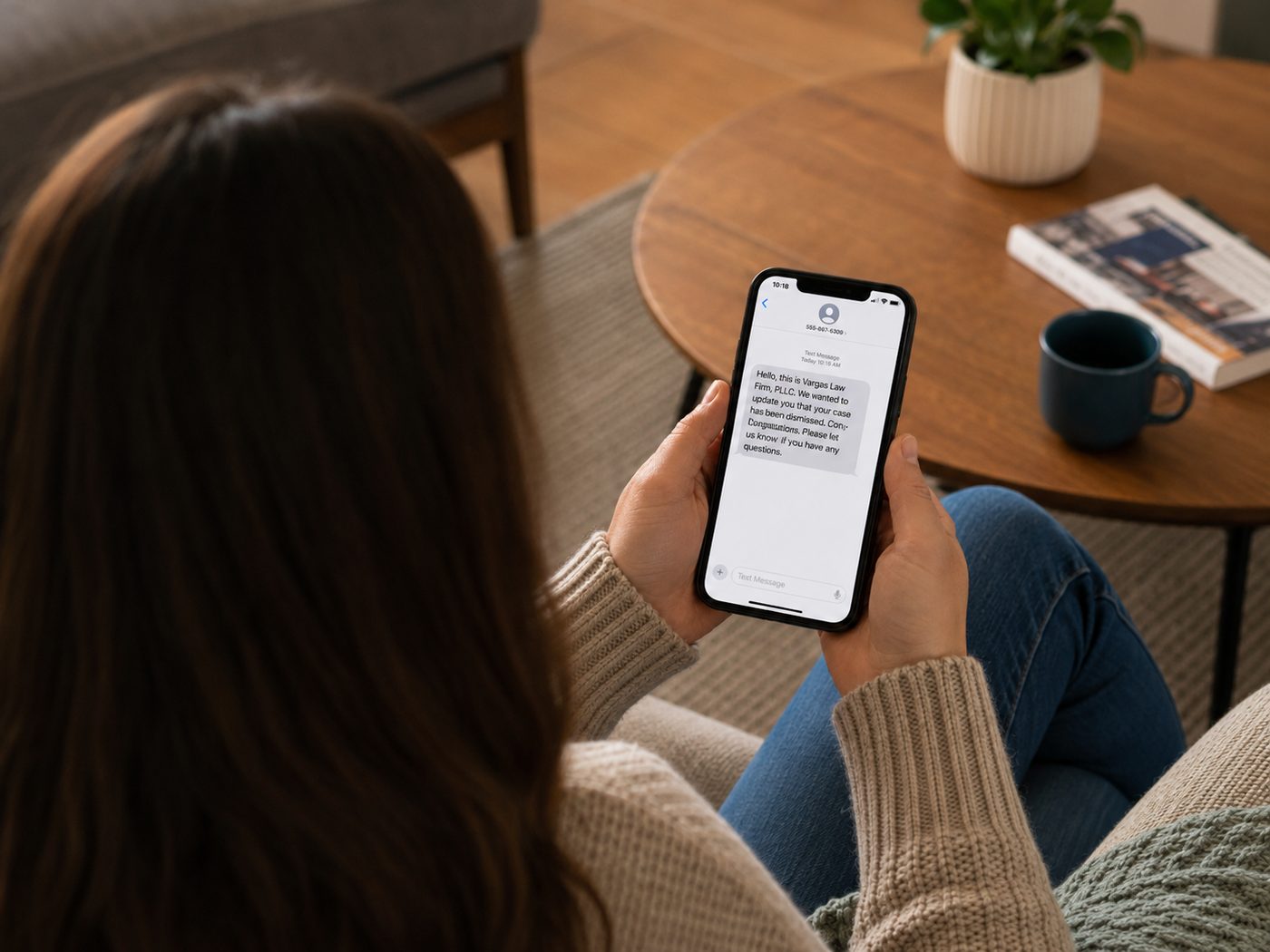 Client receiving a case update text from Vargas Law Firm