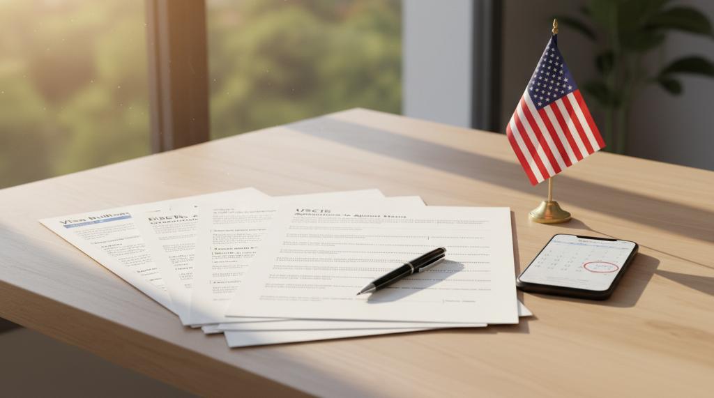 USCIS immigration forms laid out on a desk with a calendar reminder