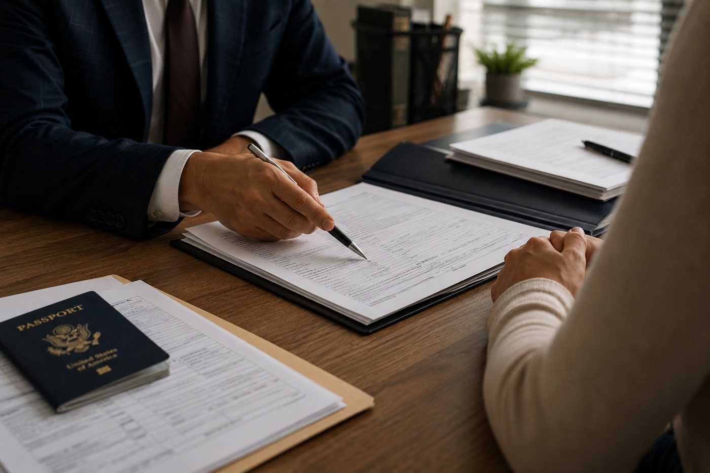 Attorney walking a client through immigration paperwork