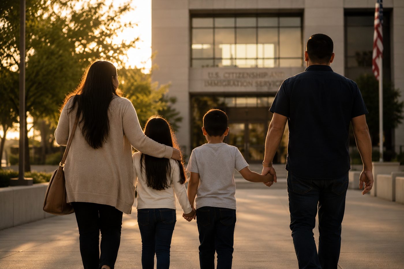 Family walking together toward the USCIS building