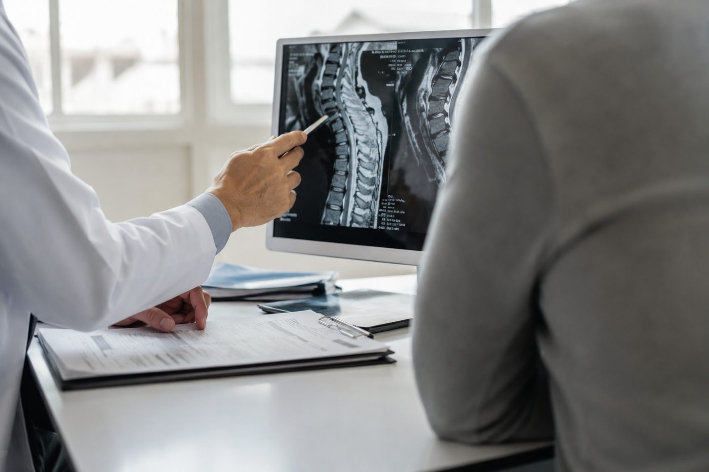 Doctor reviewing a spine scan with an injured patient