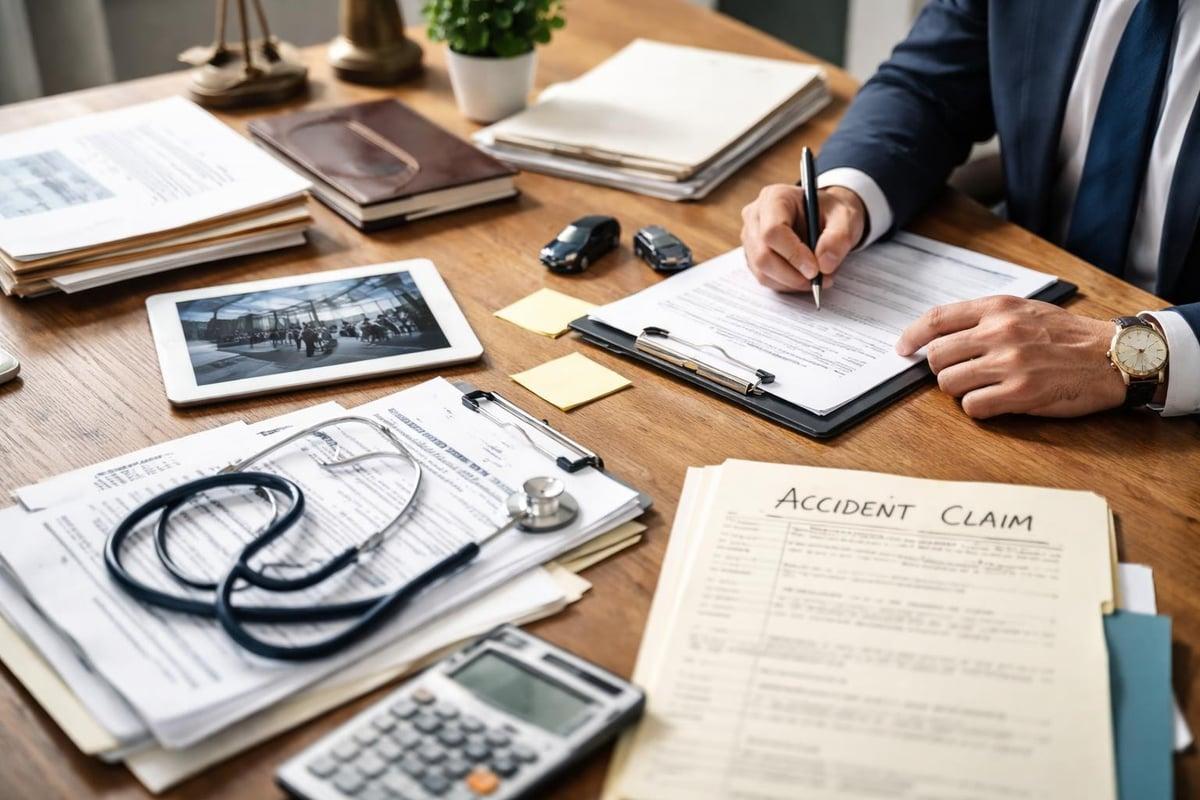 Attorney reviewing an accident claim with medical records and evidence