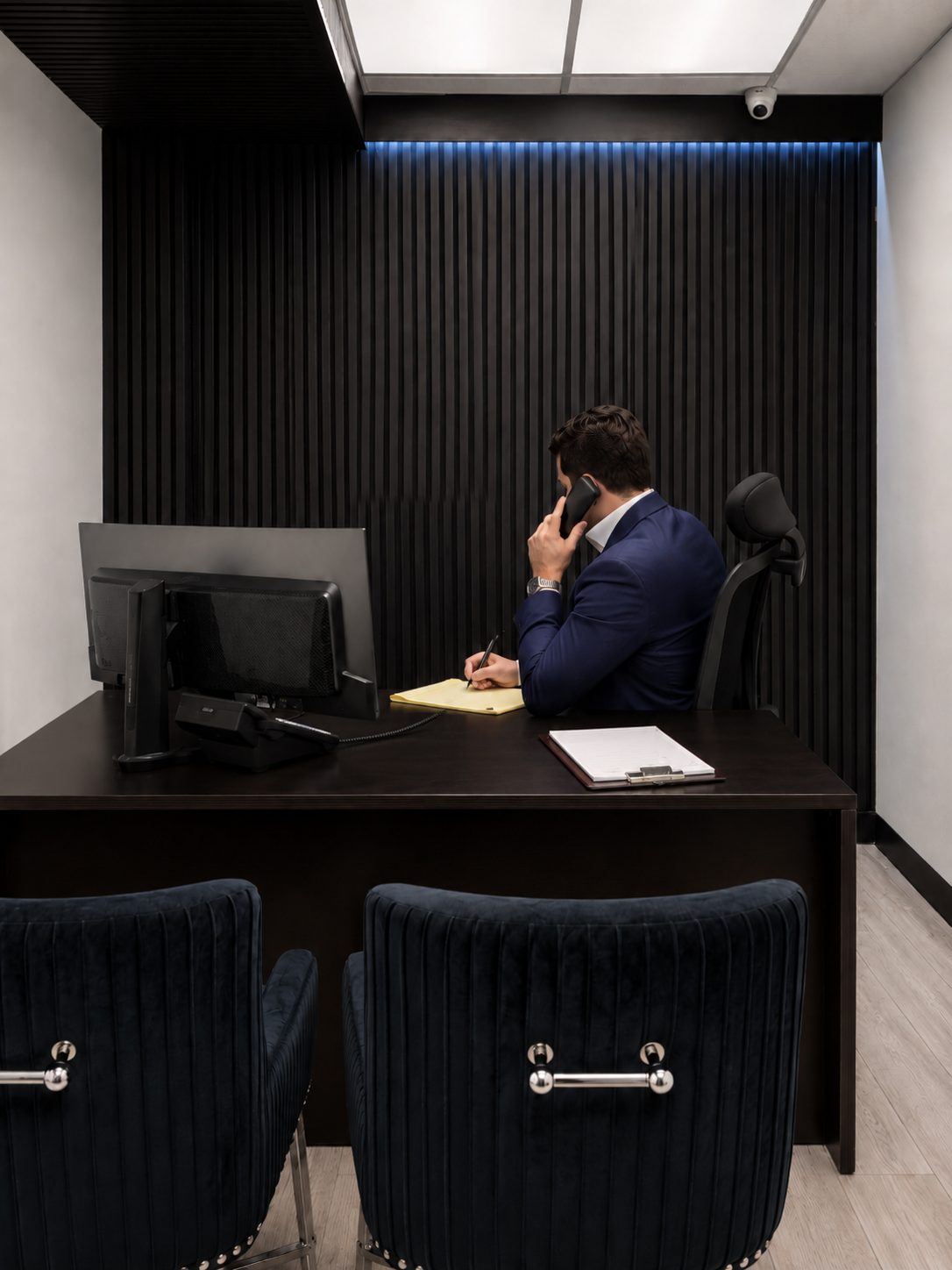 Attorney negotiating a case over the phone at his desk