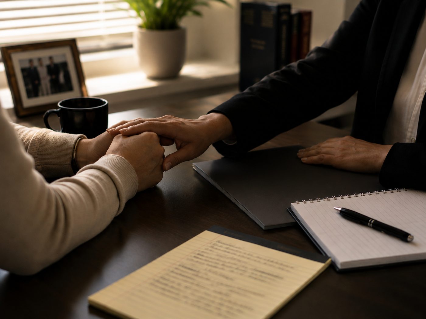 Attorney comforting and supporting a client during a meeting